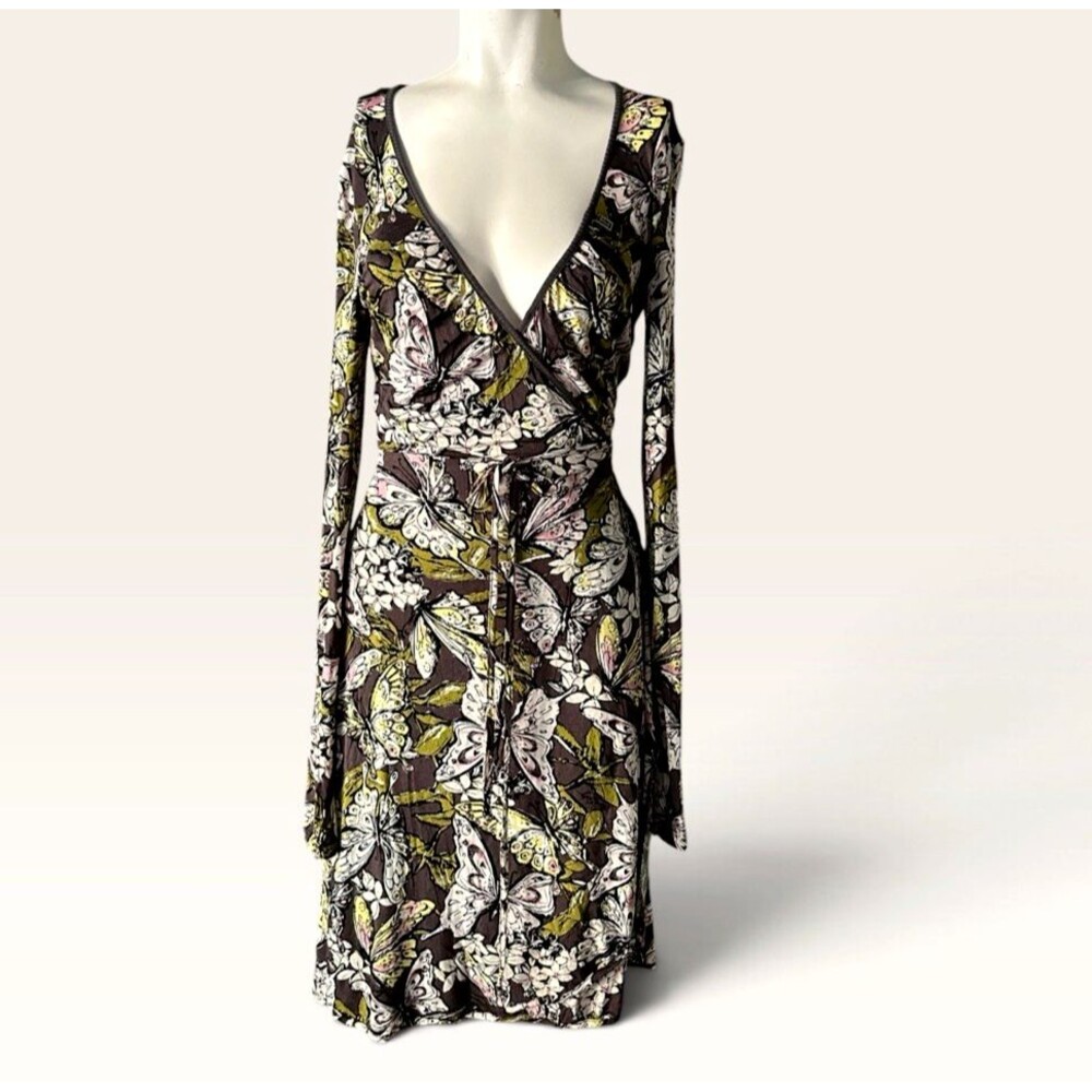 Vintage Y2K Miss Sixty Butterfly Print Wrap Dress Size L Made in Italy stretchy